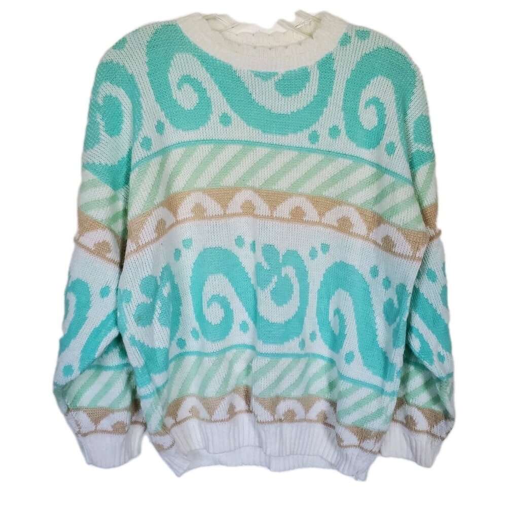 Vintage 1980s ferry kei Cabin sweater Rainbow Pastel White Large